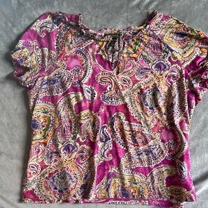 Ralph Lauren women’s blouse multicolor short sleeves tie front Sz 2 x